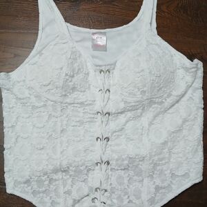 White whimsical Lace Cottagecore Floral Corset Top M Lace Up Sleeveless Wireless